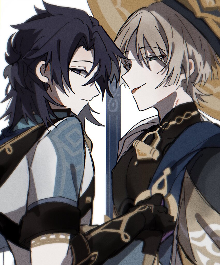 2boys albedo_(genshin_impact) black_eyes black_gloves black_hair blonde_hair blue_eyes closed_mouth expressionless eye_color_switch facing_another genshin_impact gloves hair_color_switch highres japanese_clothes long_sleeves looking_at_viewer male_focus multiple_boys scaramouche_(genshin_impact) short_sleeves smile tempurian tongue tongue_out wanderer_(genshin_impact) white_background