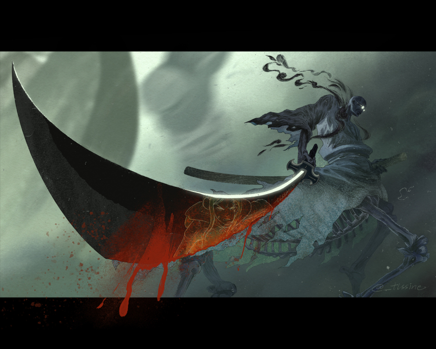 1boy 1girl bald blood bloody_weapon centaur closed_mouth ethan-baron_v._nusjuro fog foreshortening from_side glasses highres holding holding_sheath holding_sword holding_weapon japanese_clothes jewelry_bonney katana letterboxed monster_boy one_piece opaque_glasses reflection sheath skeleton spoilers sword taur tissine torn_clothes twitter_username unsheathed weapon