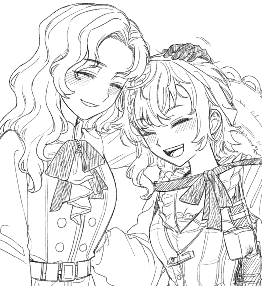 2girls ^_^ ascot closed_eyes gloves greyscale hand_on_another&#039;s_head hat hat_on_back heads_together holster ioi_33333 jacket lineart long_hair lopera_(reverse:1999) moldir_(reverse:1999) monochrome multiple_girls open_mouth reverse:1999 safety_pin shirt shoulder_holster siblings side_ponytail sisters smile step-siblings straw_hat upper_body vest white_background