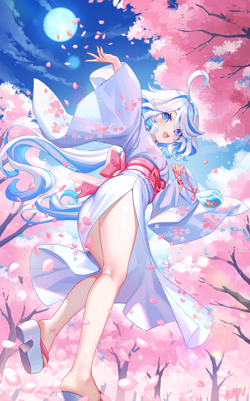 1girl :d absurdres ahoge alternate_costume bare_legs blue_eyes blue_hair blue_pupils blush cherry_blossoms cloud drop-shaped_pupils falling_petals feet fingernails floral_print floral_print_kimono full_body full_moon furina_(genshin_impact) genshin_impact hair_between_eyes heterochromia highres holding japanese_clothes kimono lalazyt legs long_hair looking_at_viewer looking_back looking_down moon multicolored_hair night night_sky obi open_mouth outdoors outstretched_arm petals pink_sash platform_clogs print_kimono sandals sash sky smile solo streaked_hair symbol-shaped_pupils toes very_long_hair white_hair white_kimono