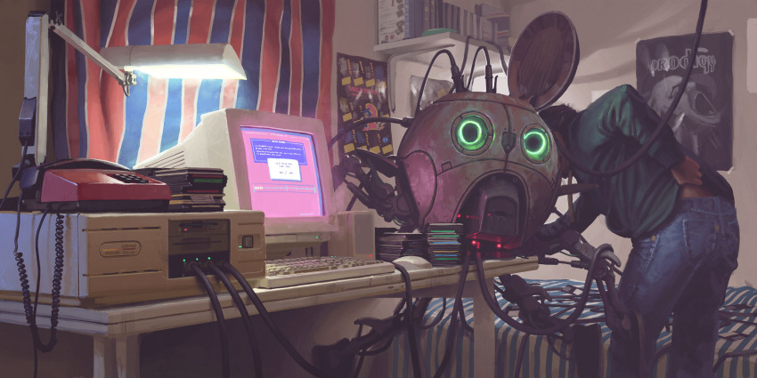 1boy bookshelf cable computer computer_keyboard computer_mouse crt denim floppy_disk from_behind glowing green_shirt highres indoors jeans lamp monitor pants robot science_fiction shirt simon_stalenhag standing table the_prodigy things_from_the_flood