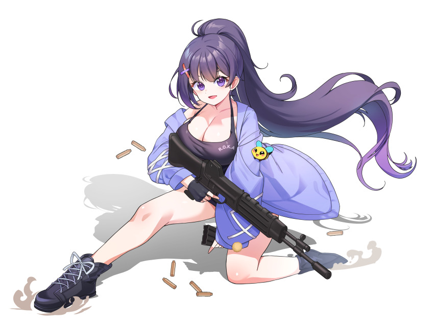 1girl absurdres ammunition black_shoes black_tank_top breasts bright_pupils character_request cleavage collarbone commentary_request copyright_request full_body gun hair_ornament heart heart-shaped_pupils high_ponytail highres holding holding_gun holding_magazine_(weapon) holding_weapon jacket kopeolgi korean_commentary large_breasts long_hair looking_at_viewer magazine_(weapon) on_one_knee open_clothes open_jacket open_mouth ponytail purple_eyes purple_hair purple_jacket shadow shoes simple_background smile solo symbol-shaped_pupils tank_top very_long_hair virtual_youtuber weapon weapon_request white_background white_pupils x_hair_ornament
