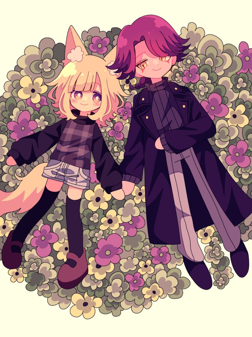 1boy 1girl absurdres animal_ear_fluff animal_ears black_coat black_shoes black_sweater black_thighhighs blonde_hair braid brown_shoes closed_mouth coat denim denim_shorts flower fox_ears fox_girl fox_tail full_body grey_shorts grey_sweater_vest hair_flaps hand_on_own_stomach highres holding_hands kemonomimi_mode looking_at_another ohamihaeru on_flower open_clothes open_coat original pants parted_bangs purple_eyes purple_hair shoes short_hair shorts smile sweater sweater_vest tail thighhighs turtleneck turtleneck_sweater urotsuki white_pants yellow_eyes yume_2kki zettai_ryouiki