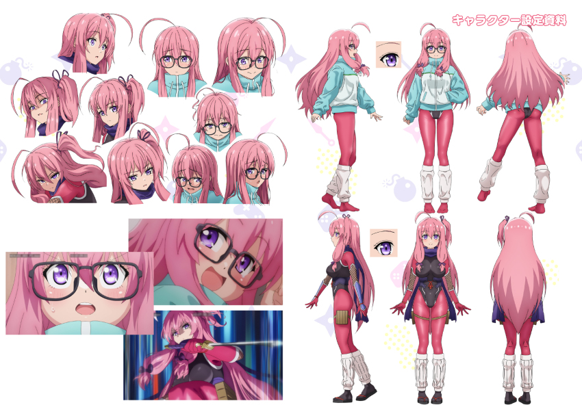 1girl :d ahoge anime_screenshot blush breasts commentary_request from_behind full_body glasses hair_between_eyes hair_ribbon highres ideura_shizuri_(neet_kunoichi) jacket koyuki_(kotatsu358) large_breasts long_hair looking_at_viewer neet_de_otaku_na_kunoichi_to_naze_ka_dousei_hajimemashita official_art open_mouth pantyhose pink_hair ponytail purple_eyes purple_scarf ribbon scarf side_ponytail sidelocks smile translation_request