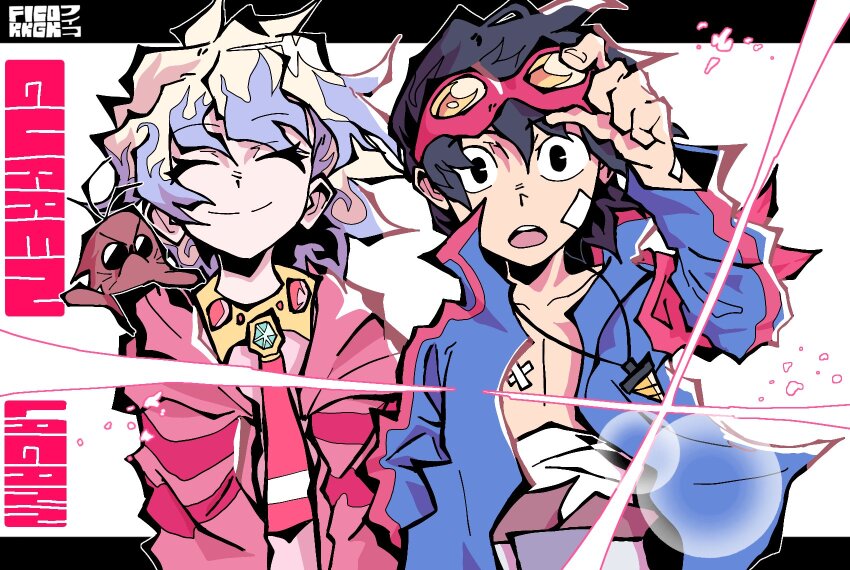 1girl 2boys bandages bandaid bandaid_on_face black_eyes black_hair blonde_hair boota_(ttgl) closed_eyes collarbone copyright_name ficorkgk goggles goggles_on_head happy highres jewelry letterboxed looking_at_viewer multiple_boys necklace nia_teppelin pale_skin signature simon_(ttgl) smile tengen_toppa_gurren_lagann