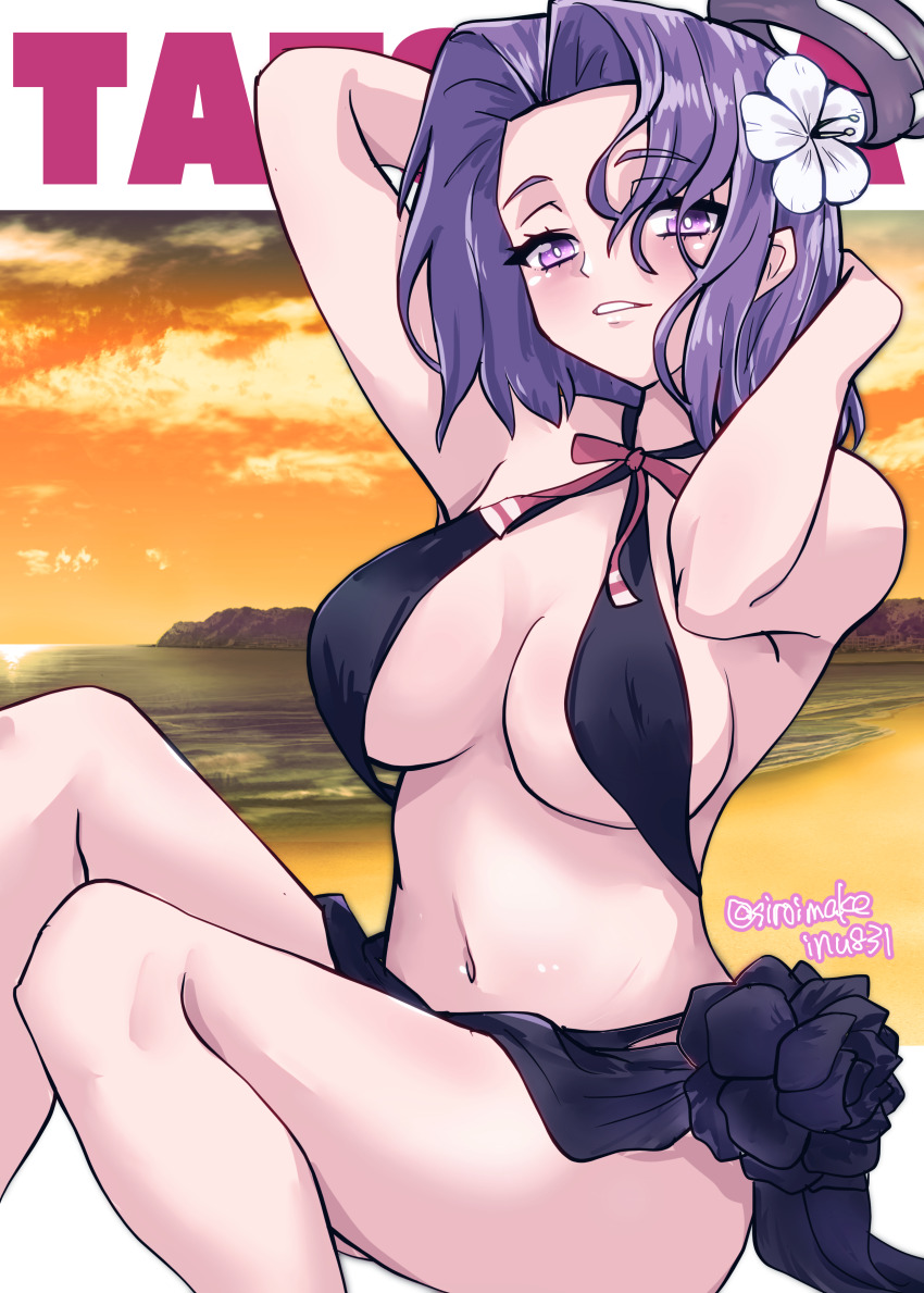 1girl absurdres bikini black_bikini black_flower black_sarong breasts character_name cloud criss-cross_halter feet_out_of_frame flower hair_flower hair_ornament halo halterneck headgear highres kantai_collection kitahama_(siroimakeinu831) mechanical_halo medium_breasts official_alternate_costume one-hour_drawing_challenge orange_sky parted_bangs purple_eyes purple_hair sarong short_hair sky solo sunset swimsuit tatsuta_(kancolle) tatsuta_(swimsuit)_(kancolle) tatsuta_kai_ni_(kancolle) text_background twitter_username