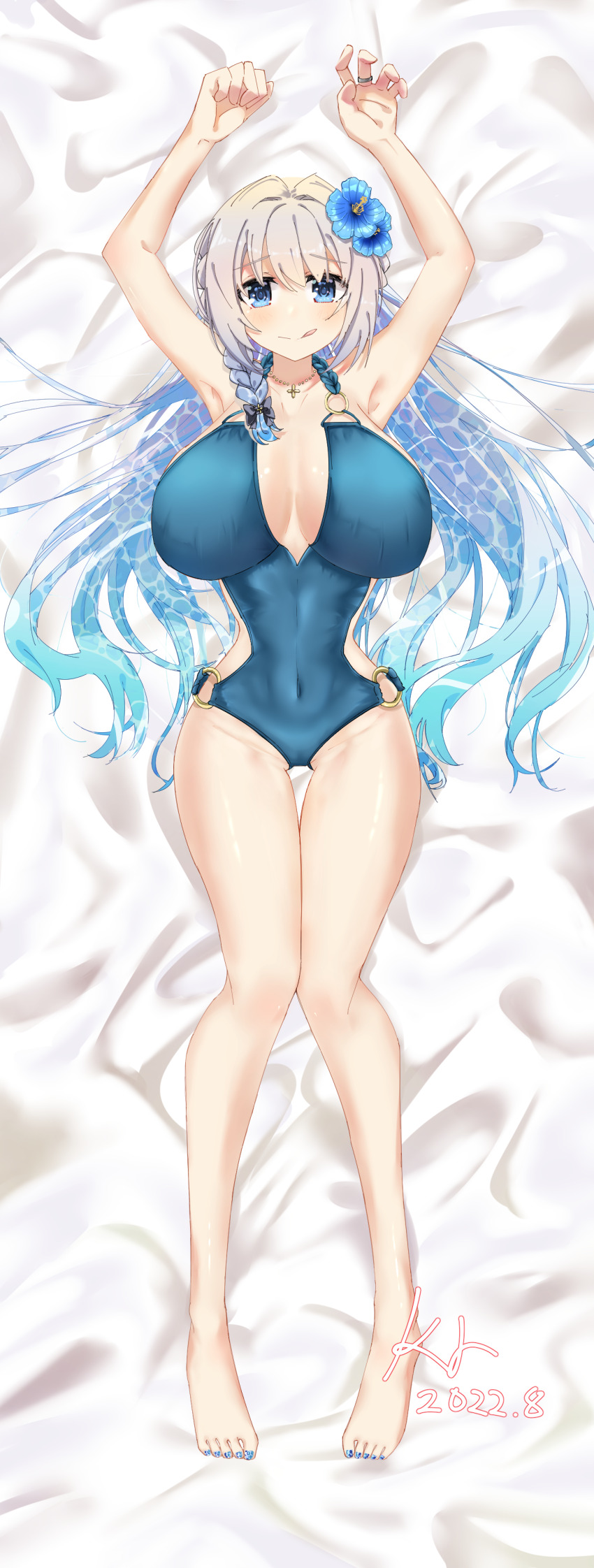 1girl absurdres arms_up black_hair blue_eyes blue_flower dakimakura_(medium) flower hair_flower hair_ornament highres kure7753 long_hair looking_at_viewer lying magia_record:_mahou_shoujo_madoka_magica_gaiden mahou_shoujo_madoka_magica multicolored_hair on_back solo swimsuit two-tone_hair white_hair yakumo_mitama yakumo_mitama_(swimsuit_costume)