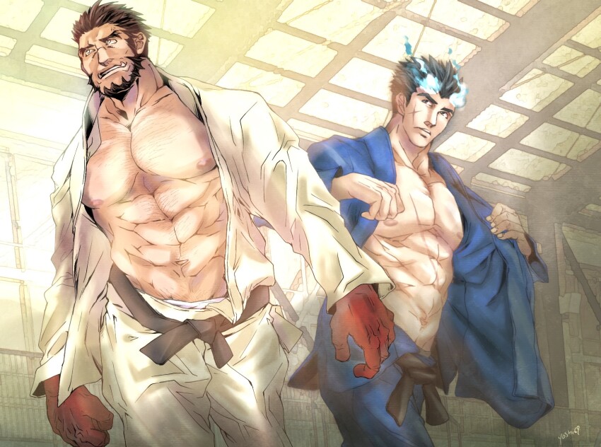 2boys alternate_costume bara bare_pectorals colored_skin dougi dressing facial_hair forked_eyebrows from_below goatee gradient_skin hairy highres large_pectorals long_sideburns looking_at_another male_focus mature_male multiple_boys muscular muscular_male mutton_chops pectorals red_skin sakimori_toji short_hair sideburns sparse_chest_hair sparse_navel_hair standing tajikarao_(housamo) thick_eyebrows tokyo_houkago_summoners tusks yoshiyuki_(nein69yoshiyuki)