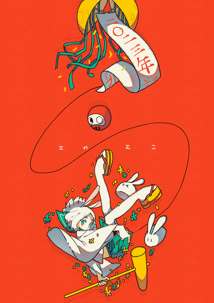1girl 2023 animal_ears artist_name chinese_zodiac commentary_request confetti_ball daruma_doll full_body green_skirt highres holding kine legs_up long_sleeves looking_at_viewer mallet medium_hair moon okobo original platform_sandals pleated_skirt rabbit_ears red_background sailor sandals skirt solo tenteko_mai51 white_hair wide_sleeves year_of_the_rabbit