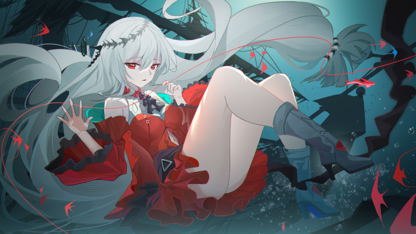 1girl angelfish arknights ascot bare_shoulders black_ascot clothing_cutout detached_sleeves dress fish frilled_ascot frills full_body grey_hair hair_between_eyes highres long_hair long_sleeves looking_at_viewer low-tied_long_hair navel navel_cutout no_headwear off-shoulder_dress off_shoulder parted_lips red_dress red_eyes red_sleeves rroc_(rrck11) skadi_(arknights) skadi_the_corrupting_heart_(arknights) solo underwater very_long_hair water wide_shot