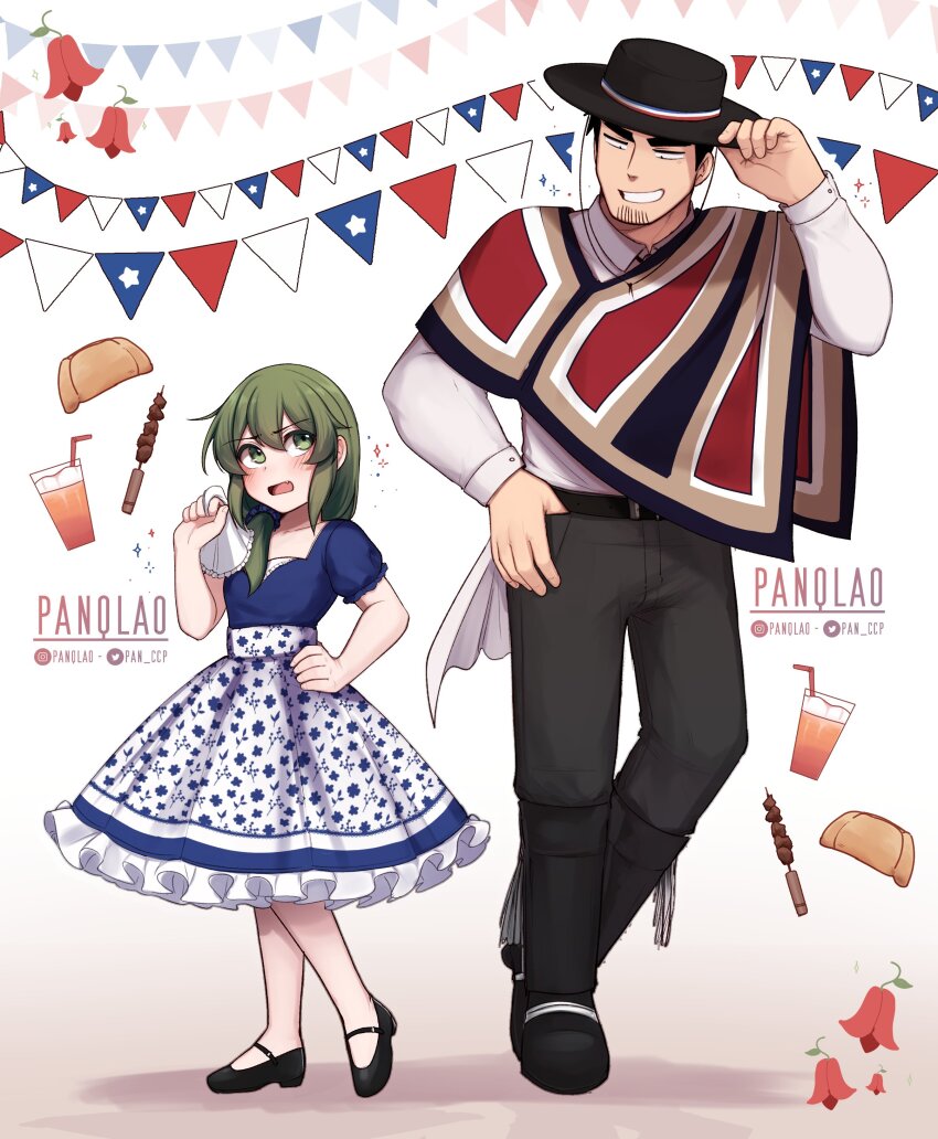 1boy 1girl absurdres belt black_hair blush chilean_clothes chilean_flag collared_shirt dress facial_hair frills goatee green_eyes green_hair handkerchief hat highres igarashi_futaba mary_janes medium_hair panqlao pants poncho puffy_short_sleeves puffy_sleeves senpai_ga_uzai_kouhai_no_hanashi shirt shoes short_hair short_sleeves smile sombrero stubble takeda_harumi thick_eyebrows