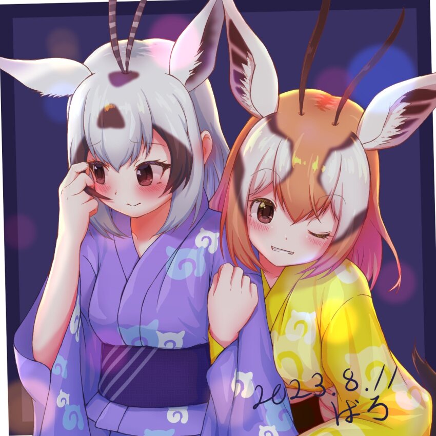 2girls alternate_costume animal_ears arabian_oryx_(kemono_friends) arm_grab baroy_baroro belt black_hair blue_belt blue_kimono blush brown_eyes dated embarrassed extra_ears gazelle_ears gazelle_horns hand_in_own_hair highres japanese_clothes japari_symbol kemono_friends kimono light_brown_hair multicolored_hair multiple_girls obi one_eye_closed sash short_hair smile thomson&#039;s_gazelle_(kemono_friends) two-tone_hair upper_body white_hair yellow_kimono