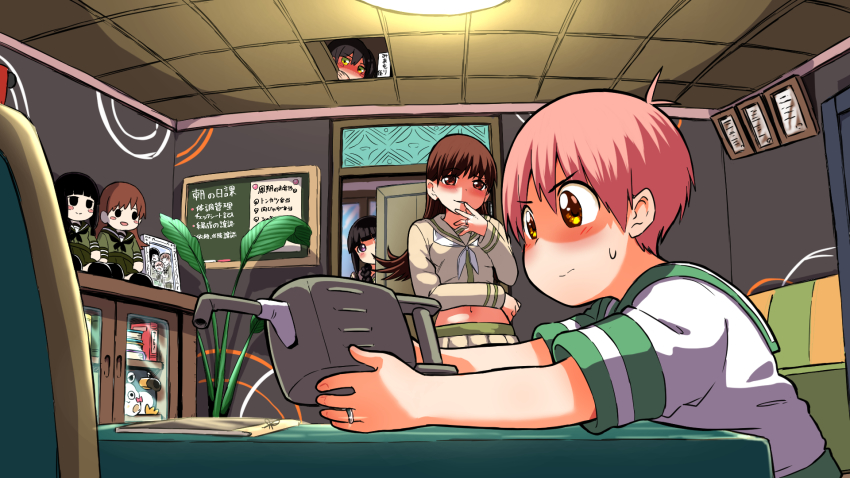 1boy 3girls adapted_turret black_hair blunt_bangs breasts brown_eyes brown_hair cannon chalkboard character_doll doll door failure_penguin highres indoors jewelry kantai_collection kitakami_(kancolle) kitakami_kai_ni_(kancolle) long_hair long_sleeves medium_breasts midriff miss_cloud mochisaka_mitsuki multiple_girls navel neckerchief ooi_(kancolle) ooi_kai_ni_(kancolle) open_door photo_(object) pleated_skirt ring sailor_collar school_uniform serafuku short_sleeves skirt sweatdrop wedding_ring white_neckerchief yellow_sailor_collar yellow_serafuku yellow_skirt