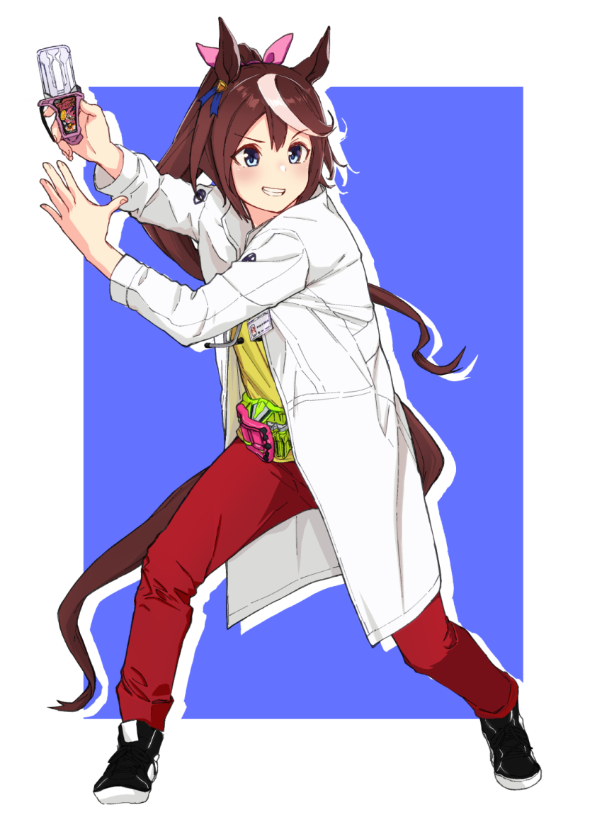 1girl animal_ears belt black_shoes blue_eyes blush brown_hair cosplay full_body grin highres horse_ears horse_girl horse_tail houjou_emu houjou_emu_(cosplay) id_card kamen_rider kamen_rider_ex-aid_(series) kuroneko_(kuroneko3zizi) lab_coat legs_apart long_sleeves multicolored_hair pants ponytail red_pants rider_gashat shirt shoes smile sneakers solo standing stethoscope streaked_hair tail tokai_teio_(umamusume) umamusume v-shaped_eyebrows yellow_shirt