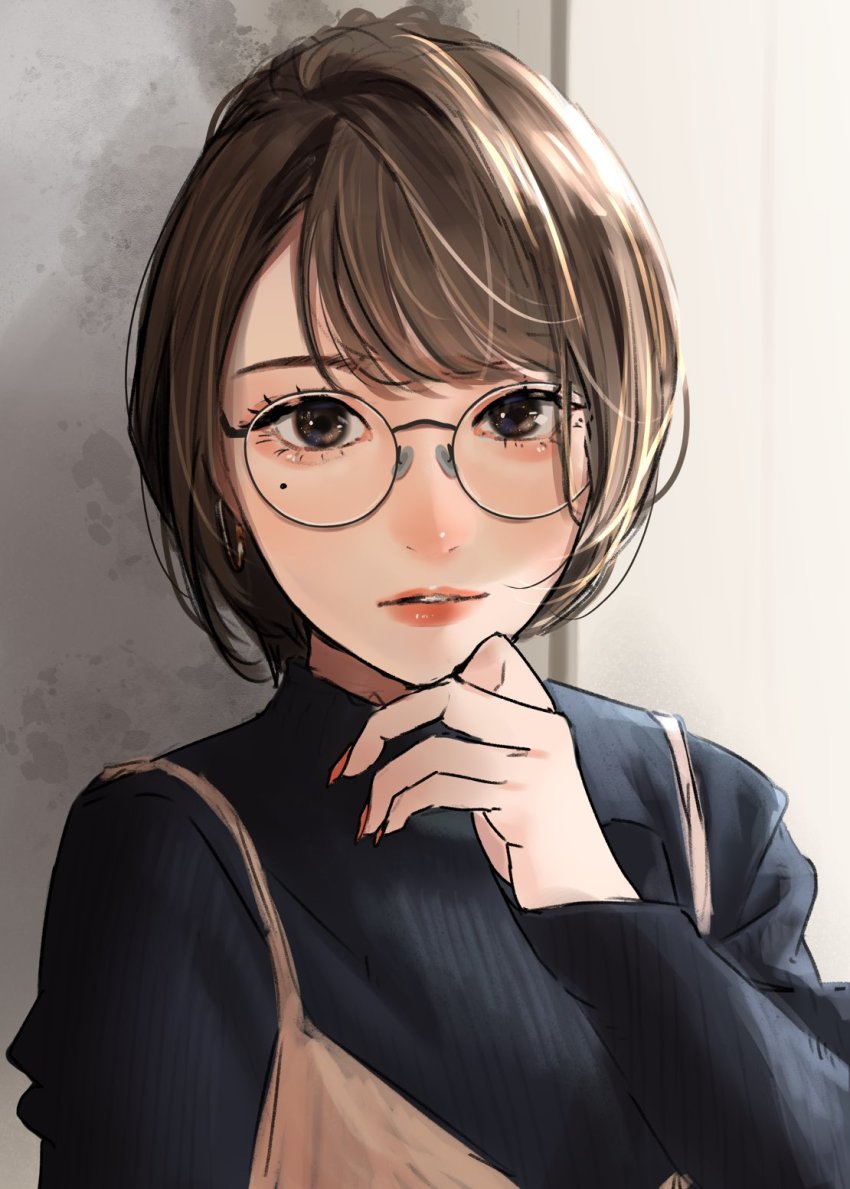 1girl black-framed_eyewear black_shirt brown_camisole brown_eyes brown_hair camisole glasses hand_on_own_chin hand_up highres lips lipstick long_sleeves looking_at_viewer makeup mole mole_under_eye nail_polish original parted_lips round_eyewear saitou_(lynx-shrike) shirt short_hair solo