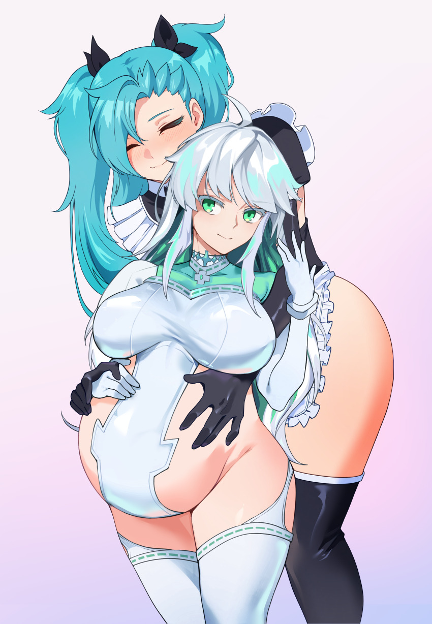 1futa 1girl absurdres after_vaginal aftersex akeno(itsnafulol) apron big_belly bikini blue_hair blush breasts closed_eyes fate/grand_order fate_(series) futa_with_female futanari green_eyes green_hair hair_between_eyes hair_over_one_eye highres hug hug_from_behind implied_futanari interspecies kukulkan_(fate) kukulkan_(second_ascension)_(fate) large_breasts maid maid_apron maid_bikini maid_headdress multicolored_hair pregnant purple_eyes smile someone_(someone199912) swimsuit thick_thighs thighhighs thighs twintails unconventional_maid white_hair wide_hips