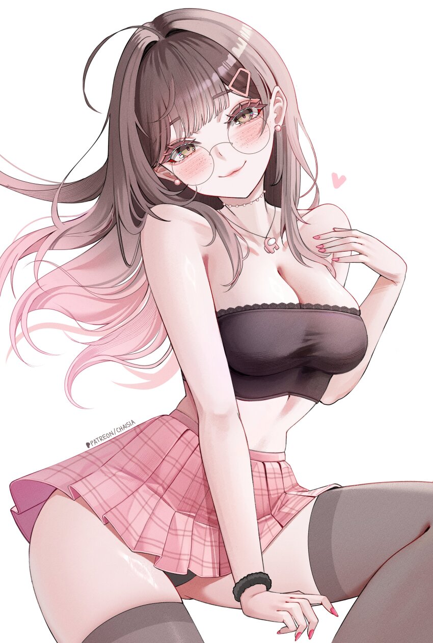 1girl absurdres among_us bare_shoulders black_panties black_scrunchie black_thighhighs blush breasts brown_hair chaisia_art cleavage closed_mouth collarbone commentary crop_top fingernails glasses gradient_hair hand_up heart highres jewelry large_breasts long_hair looking_at_viewer multicolored_hair nail_polish necklace original panties panty_peek pink_(among_us) pink_hair pink_nails pink_skirt pleated_skirt round_eyewear scrunchie simple_background skirt smile solo stomach thighhighs underwear very_long_hair white_background yellow_eyes