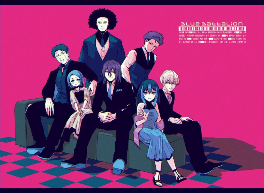 2girls 5boys afro aizome_komachi aoshima_shougo black_hair black_jacket black_pants blue_dress blue_eyes blue_hair blue_necktie blue_shirt blush closed_mouth dress hekiru_aran highres jacket konno_(sentai_daishikkaku) kujaku_(sentai_daishikkaku) long_hair looking_at_viewer multicolored_hair multiple_boys multiple_girls necktie pants pink_background purple_eyes ruri_shinta scar scar_across_eye scar_on_face sentai_daishikkaku shirt shoes short_hair simple_background sitting smile souma_keisuke two-tone_hair very_long_hair white_dress white_hair