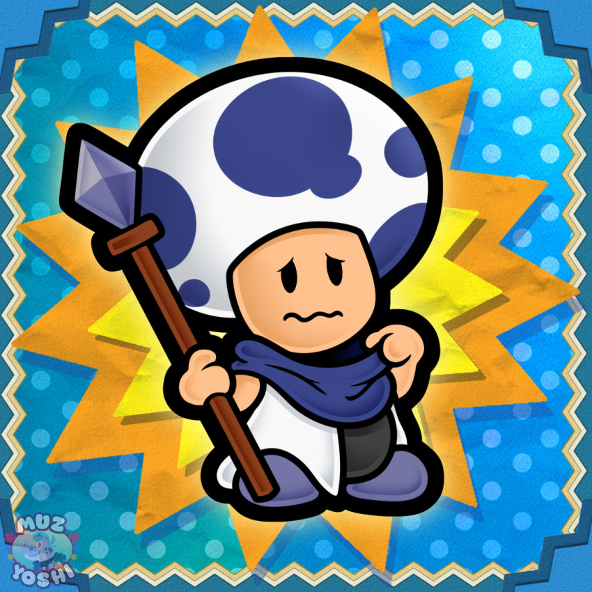 1boy artist_logo artist_name blue_toad_(mario) closed_mouth fice_t_(paper_mario) holding logo male_focus mario_(series) muzyoshi nintendo paper_mario paper_mario_64 polearm spear spots weapon