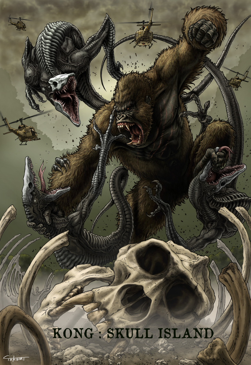 abs aircraft ape bell_helicopter bone emaciated forest fossil giant giant_monster gorilla helicopter highres kaiju king_kong king_kong_(series) kong:_skull_island legendary_pictures military monster monsterverse muscular muscular_male nature ribs scar scar_on_chest scar_on_face see-through_body skeleton skull skullcrawler tail takumi_(marlboro) translucent tree uh-1_iroquois utility_helicopter