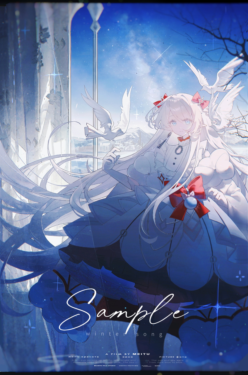 1girl absurdres bird black_thighhighs blue_eyes blurry blurry_foreground bow commentary day depth_of_field dove dress english_commentary flower frills gloves hair_between_eyes hair_bow highres long_hair miracle_7y original outdoors puffy_dress puffy_sleeves red_bow red_ribbon ribbon scenery sidelocks sky solo thighhighs title very_long_hair white_dress white_hair