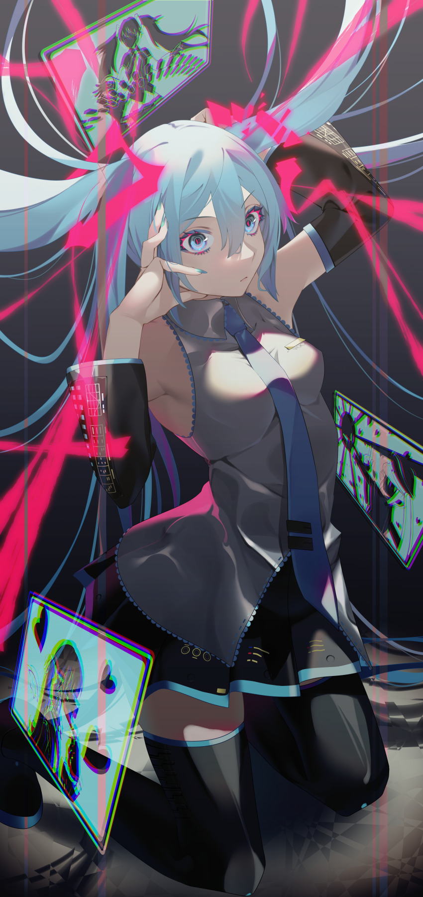 1girl absurdres armpits black_skirt black_thighhighs blue_eyes blue_hair blue_necktie boots breasts closed_mouth collared_shirt commentary_request detached_sleeves expressionless grey_shirt hands_up hatsune_miku highres kneeling long_hair looking_ahead medium_breasts melt_(vocaloid) necktie pleated_skirt senbonzakura_(vocaloid) shirt skirt sleeveless sleeveless_shirt solo songover thigh_boots thighhighs twintails vampire_(vocaloid) vocaloid zettai_ryouiki zinken00