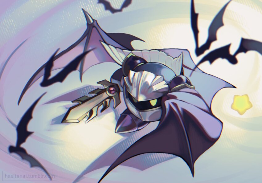 1boy armor bat_(animal) bat_wings black_cape cape greaves holding holding_sword holding_weapon kirby_(series) komiya_kuniharu looking_to_the_side male_focus mask meta_knight nintendo sideways_glance solo star_(symbol) sword weapon wings yellow_eyes