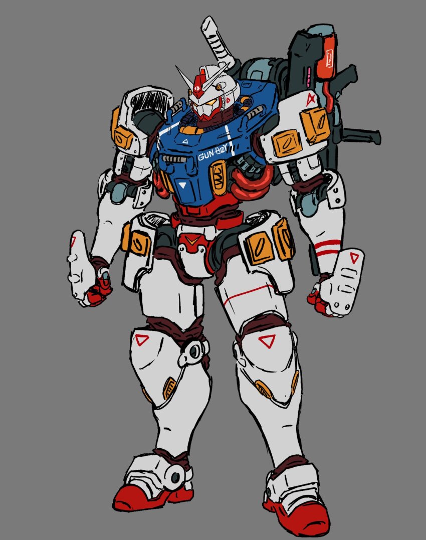 armor blue_armor cable clenched_hands commentary crossover english_commentary full_body fusion grey_background gun gun_on_back gundam handle highres joints lancer_rpg mecha mecha_focus mobile_suit multicolored_armor red_armor red_stripes robot robot_joints rx-78-2_gundam shadefish1 sketch weapon weapon_on_back white_armor white_stripes yellow_armor yellow_eyes