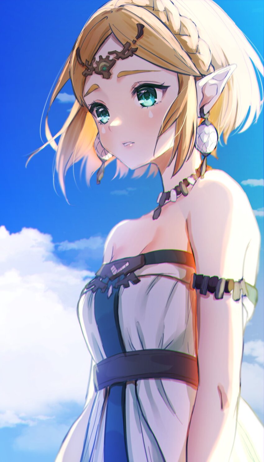 1girl aqua_eyes armlet bare_shoulders blonde_hair blue_sky braid breasts commentary_request crown_braid dress earrings green_trim highres jewelry kurosaki_coco looking_ahead medium_breasts necklace nintendo parted_bangs parted_lips pointy_ears princess_zelda short_hair sidelocks sky solo strapless strapless_dress the_legend_of_zelda the_legend_of_zelda:_tears_of_the_kingdom upper_body white_dress