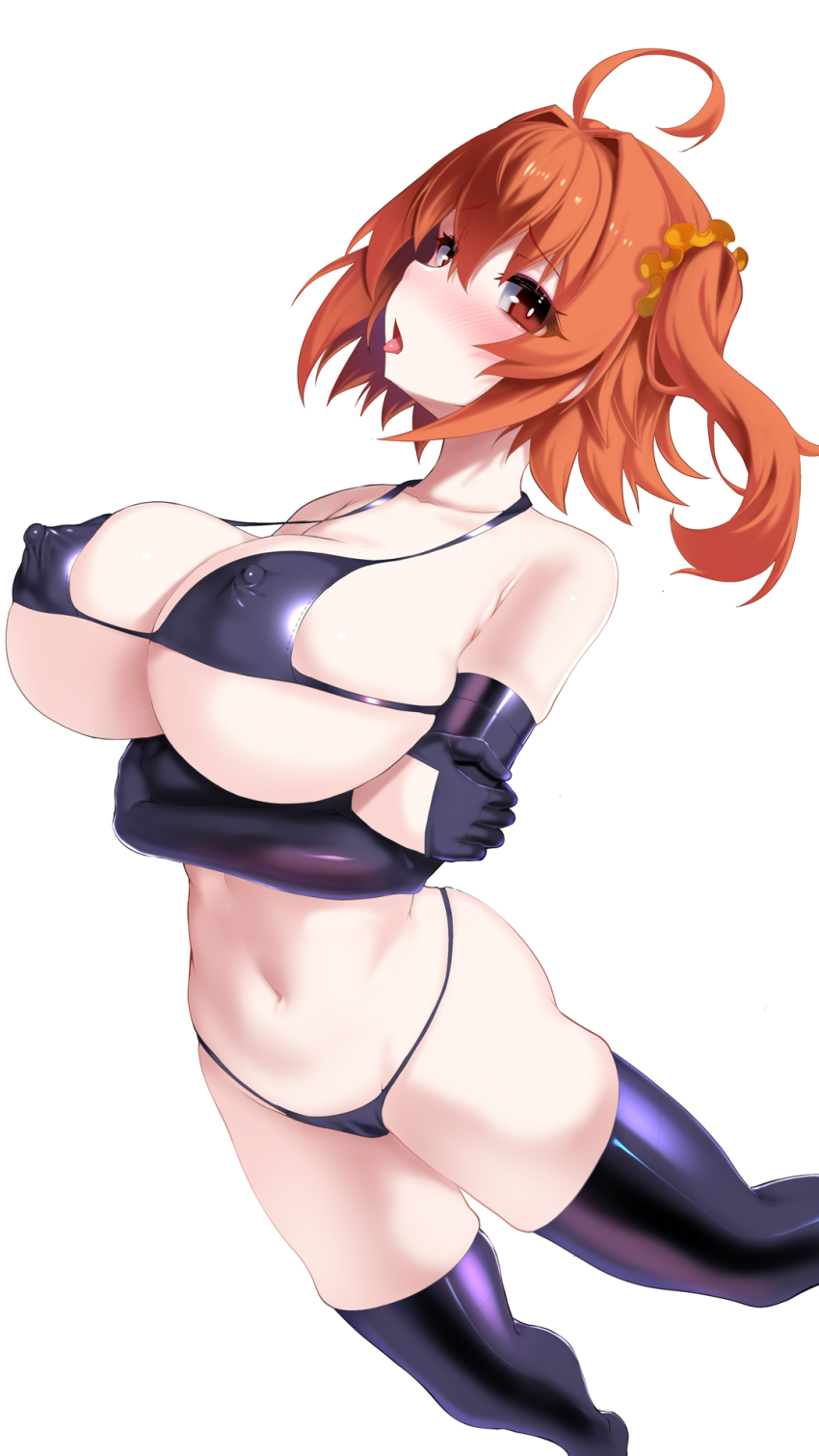 1girl ahoge alternate_breast_size arms_under_breasts bikini black_bikini black_gloves black_thighhighs blush breasts covered_erect_nipples elbow_gloves fate/grand_order fate_(series) fujimaru_ritsuka_(female) gloves hair_between_eyes highres huge_breasts navel okuri_banto one_side_up open_mouth orange_eyes orange_hair orange_scrunchie scrunchie short_hair solo swimsuit thighhighs tongue tongue_out white_background