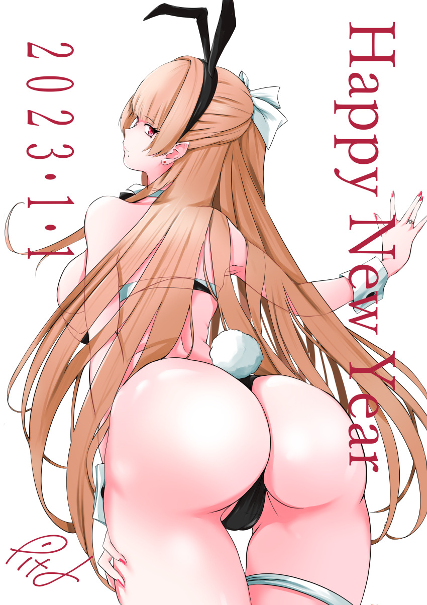 1girl 2023 absurdres animal_ears animal_print ass ass_focus azur_lane back bikini black_panties breasts chinese_zodiac cow_print from_behind hair_ribbon hand_on_own_thigh hand_on_wall happy_new_year highres large_breasts leaning_over leotard light_brown_hair long_hair looking_at_viewer new_year p.i.t.d panties playboy_bunny rabbit_ears rabbit_tail ribbon simple_background skindentation solo swiftsure_(azur_lane) swimsuit tail thigh_strap underwear very_long_hair white_ribbon year_of_the_rabbit