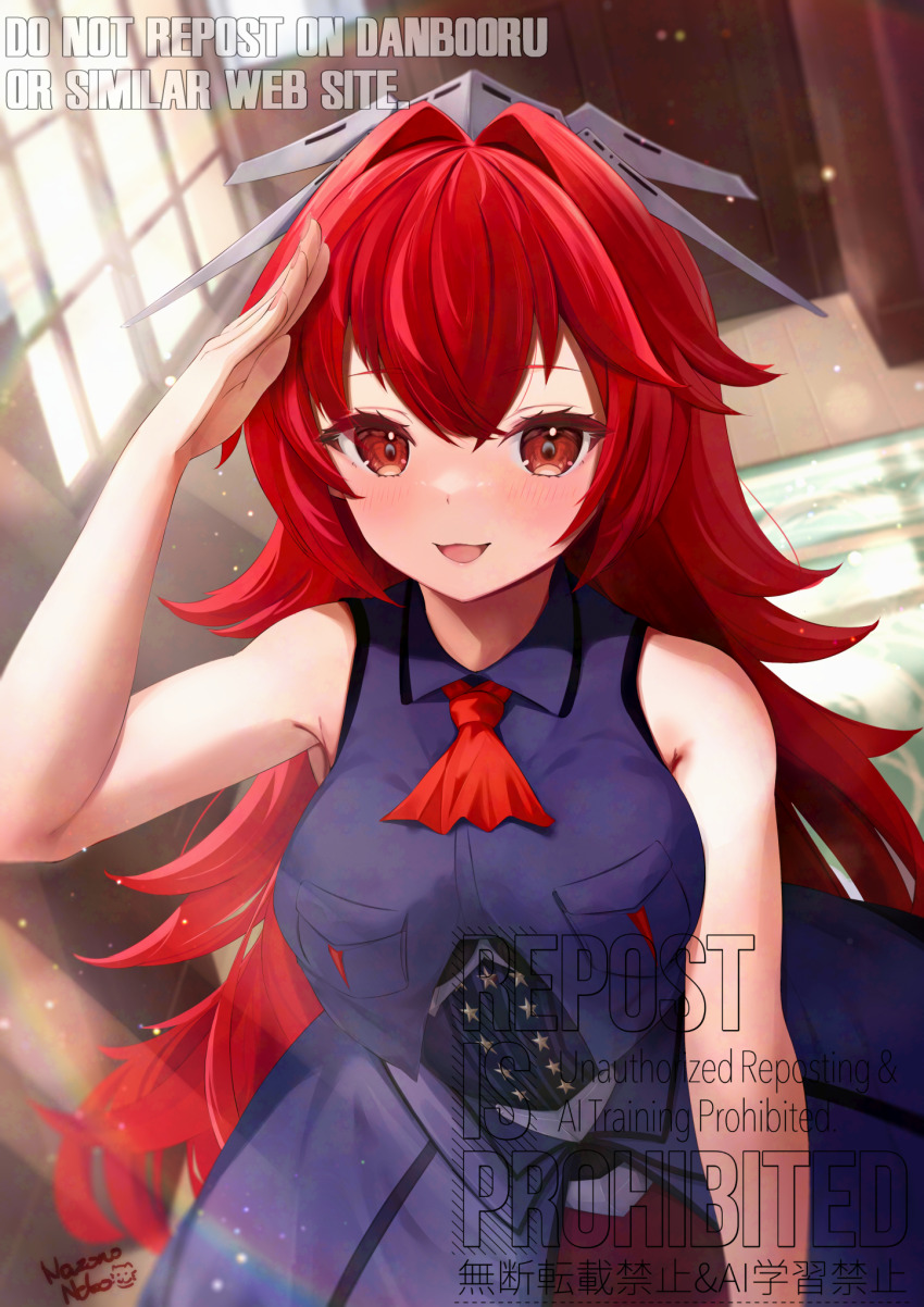 1girl black_overskirt breasts general_belgrano_(kancolle) hair_between_eyes headgear highres kantai_collection large_breasts long_hair looking_at_viewer nazono_neko phoenix_(kancolle) red_eyes red_hair salute sleeveless smile solo very_long_hair watermark