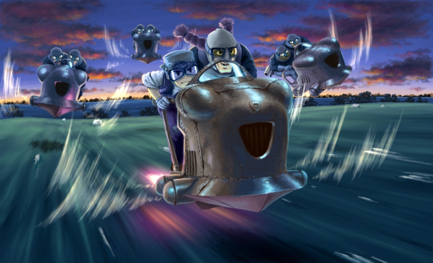 1girl 6+boys cloud dola_(laputa) flying goggles grin hat hood horizon long_hair motion_blur multiple_boys pazu purple_hair shio_no.9 sky smile studio_ghibli tenkuu_no_shiro_laputa twilight twintails