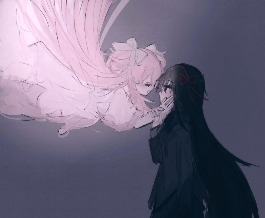 a_umanee akemi_homura black_hair bow closed_eyes comforting face-to-face grey_background hand_on_another&#039;s_face highres kaname_madoka long_hair looking_at_another mahou_shoujo_madoka_magica pink_hair red_bow twintails ultimate_madoka very_long_hair