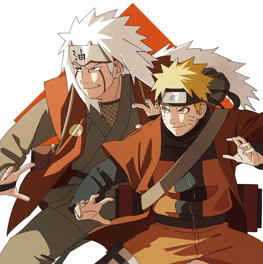 2boys absurdres blonde_hair facial_mark fighting_stance flak_jacket forehead_protector highres jacket jiraiya_(naruto) long_hair male_focus multiple_boys naruto_(classic) naruto_(series) naruto_shippuuden ninja pnpk_1013 scroll scroll_tube sennin_mode teacher_and_student uzumaki_naruto white_hair
