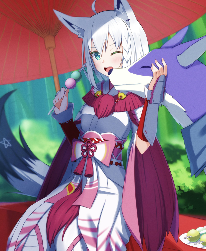 1girl ahoge animal_ear_fluff animal_ears blurry blurry_background blush braid breasts canyne commentary_request dango earrings food fox_ears fox_girl fox_tail green_eyes hair_between_eyes highres holding holding_food hololive jewelry long_hair looking_at_viewer minarin-rinsuki mizutsune_(armor) monster_hunter_(series) oil-paper_umbrella one_eye_closed open_mouth outdoors pentagram plate shirakami_fubuki sidelocks single_braid sitting small_breasts smile tail umbrella virtual_youtuber wagashi white_hair