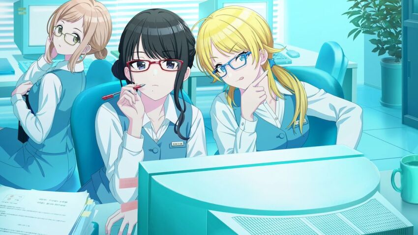 3girls black_hair blonde_hair blue_eyes bookmark brown_hair chair computer computer_mouse cup desk dress_shirt game_cg glasses hachimiya_meguru holding idolmaster idolmaster_shiny_colors illumination_stars_(idolmaster) kazano_hiori leaf licking_lips low_twintails mug multiple_girls official_art paper pen plant potted_plant sakuragi_mano shirt skirt tongue tongue_out twintails vest window_blinds