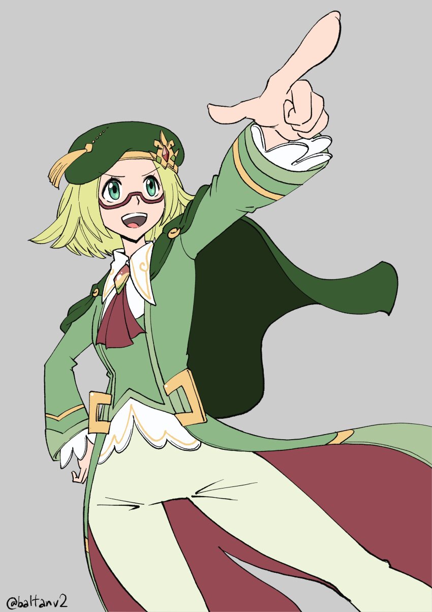 1girl absurdres bianca_(champion)_(pokemon) bianca_(pokemon) blonde_hair cape commission dutch_angle green_cape green_eyes green_hat grey_background hand_on_own_hip hat highres nintendo official_alternate_costume open_mouth pokemon pokemon_masters_ex red-framed_eyewear semi-rimless_eyewear simple_background solo superbaltanv2