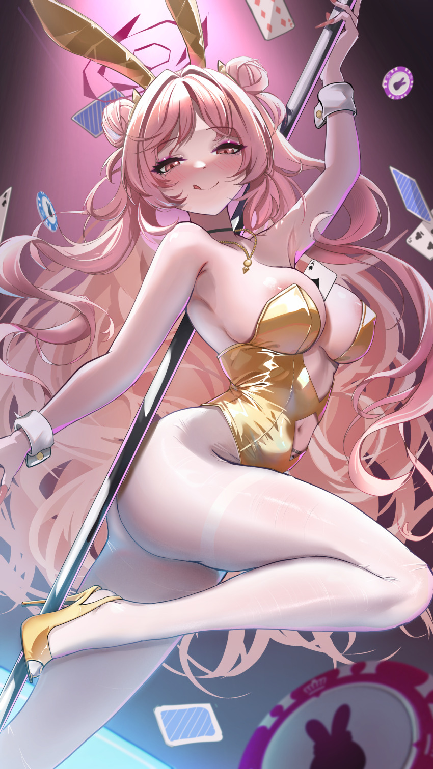 1girl absurdres animal_ear_hairband animal_ears areola_slip blue_archive breasts double_bun eyeshadow fake_animal_ears hair_bun hairband high_heels highres kirara_(blue_archive) large_variant_set leotard licking_lips long_hair looking_at_viewer looking_back makeup mascara pantyhose patent_heels perianist pink_eyes pink_hair playboy_bunny pole_dancing pumps rabbit_ear_hairband rabbit_ears shoes sidelocks stiletto_heels tongue tongue_out variant_set white_pantyhose yellow_leotard yellow_shoes