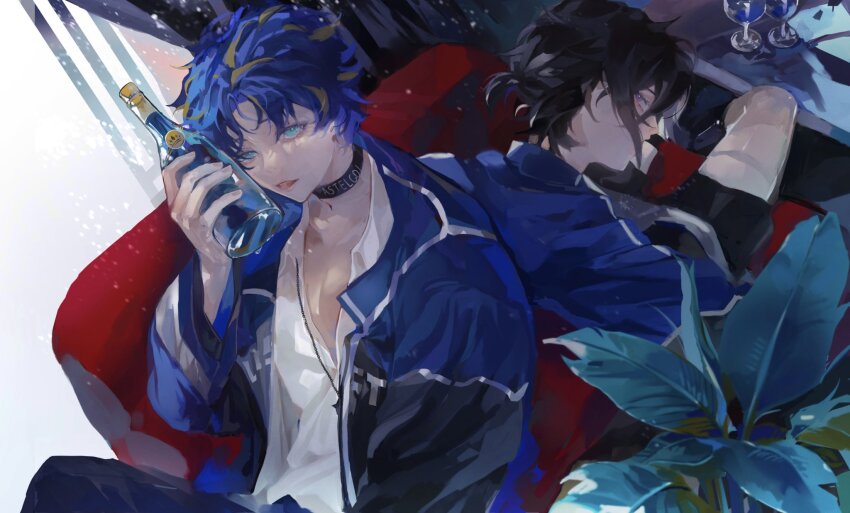 2boys aqua_eyes astel_leda back-to-back black_choker black_footwear black_hair black_jacket black_pants black_shorts blonde_hair blue_hair blue_jacket bottle champagne_bottle choker collared_shirt couch covered_mouth cup curtains drinking_glass feet_out_of_frame hair_between_eyes highres holding holding_bottle holostars jacket jewelry kanade_izuru long_sleeves looking_at_viewer looking_back male_focus multicolored_hair multicolored_jacket multiple_boys official_alternate_costume on_couch open_clothes open_jacket pants parted_bangs parted_lips partially_unbuttoned pendant plant ponytail profile purple_eyes shirt short_hair short_ponytail shorts sidelocks sitting streaked_hair suda_(svdaaa) table thigh_strap two-tone_jacket upper_body virtual_youtuber white_background white_shirt wine_glass