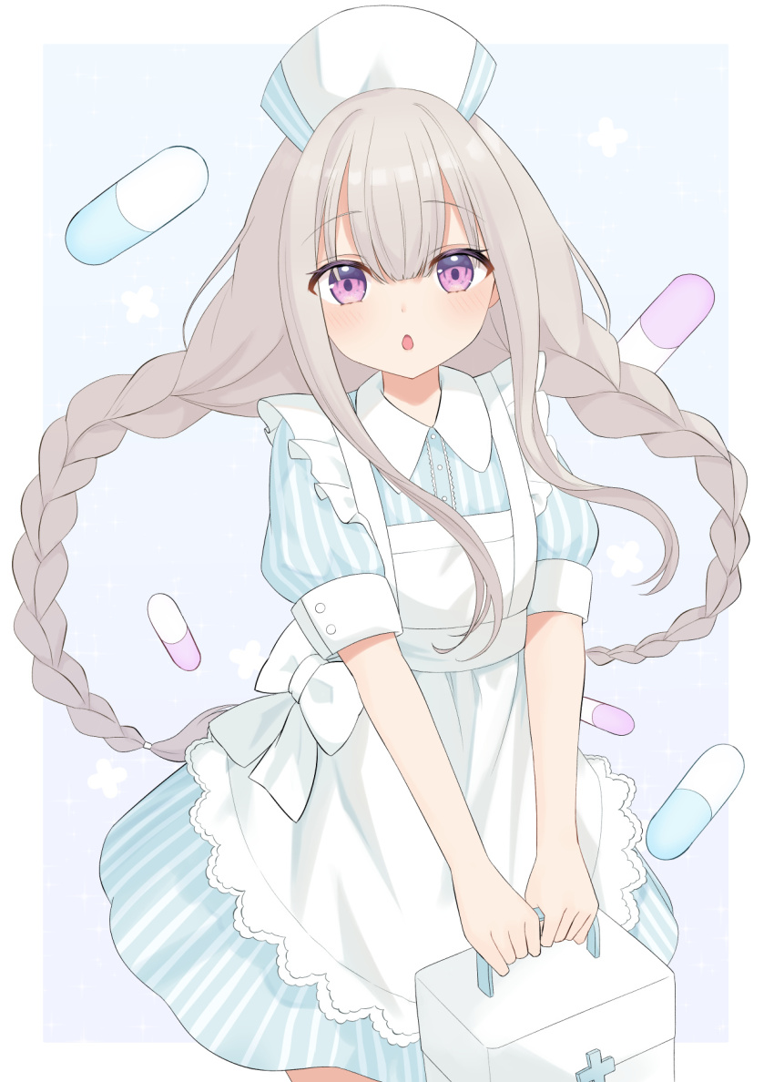 1girl :o apron blue_background blue_dress border bow box braid cowboy_shot dress first_aid_kit frilled_apron frills furutori grey_hair hair_between_eyes hat highres holding holding_box holding_first_aid_kit long_hair looking_at_viewer low_twintails nurse nurse_cap open_mouth original pill_background pill_print purple_eyes short_sleeves simple_background solo striped_clothes striped_dress twin_braids twintails vertical-striped_clothes vertical-striped_dress very_long_hair white_apron white_border white_bow