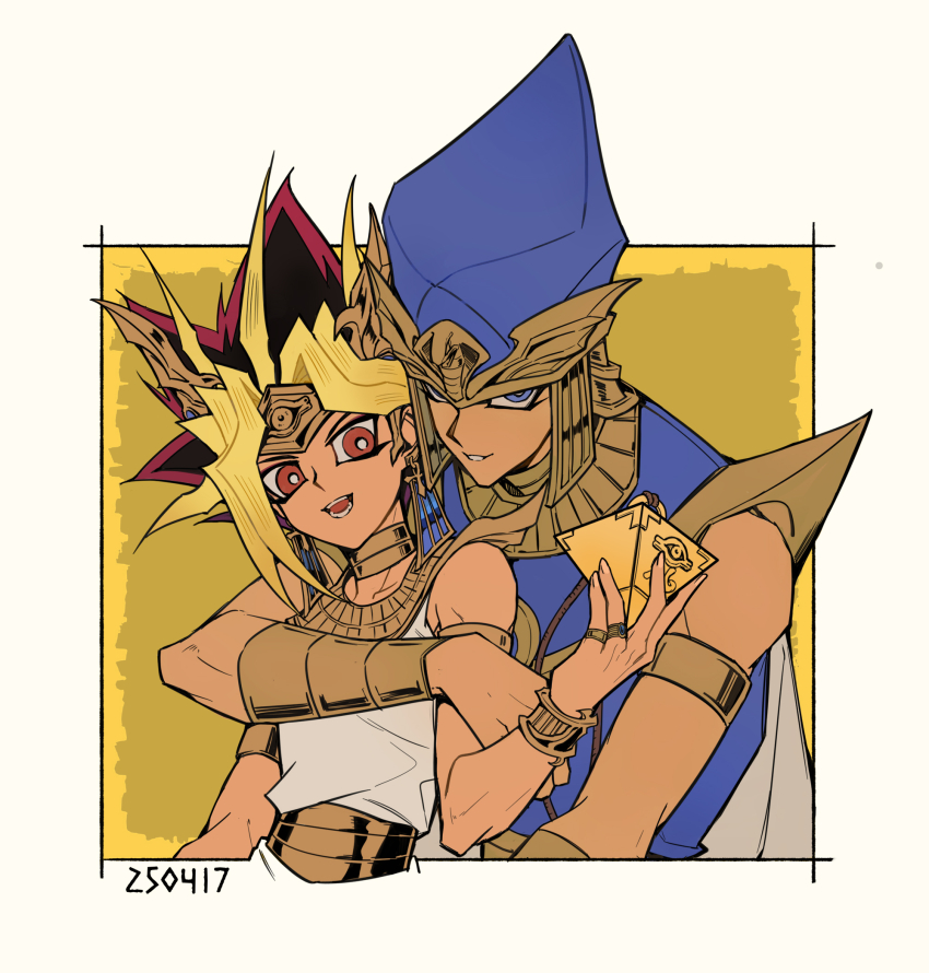 2boys ancient_egyptian_clothes atem bare_shoulders black_hair blonde_hair blue_eyes border dark-skinned_male dark_skin highres male_focus millennium_puzzle multicolored_hair multiple_boys priest_seto purple_eyes purple_hair saka_nagiya simple_background spiked_hair upper_body white_border yellow_background yu-gi-oh! yu-gi-oh!_duel_monsters