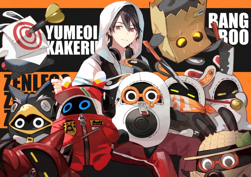 1boy absurdres bangboo_(zenless_zone_zero) black_background black_hair character_name copyright_name dart hair_between_eyes headphones headphones_around_neck highres hood hood_up hoodie iv_4t looking_at_viewer nijisanji orange_background red_eyes short_hair solo two-tone_background virtual_youtuber white_hoodie yumeoi_kakeru yumeoi_kakeru_(4th_costume) zenless_zone_zero