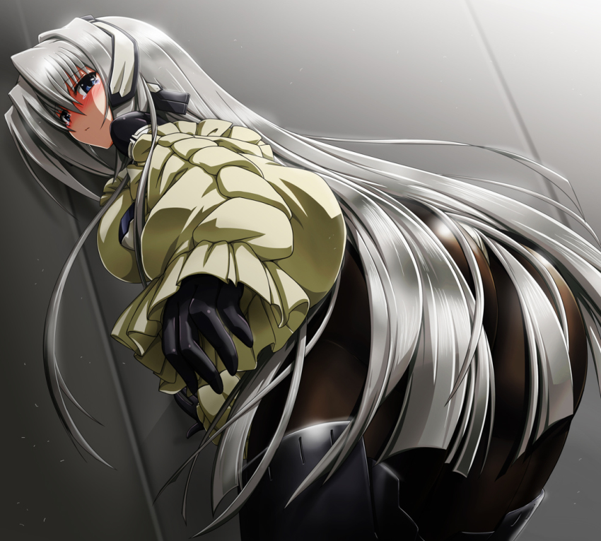 1girl against_wall ass black_pantyhose blue_eyes blush boots detached_sleeves female_focus headgear horizon_ariadust kyoukaisenjou_no_horizon long_hair looking_back pantyhose shirosame silver_hair solo sweater tears thigh_boots thighhighs very_long_hair