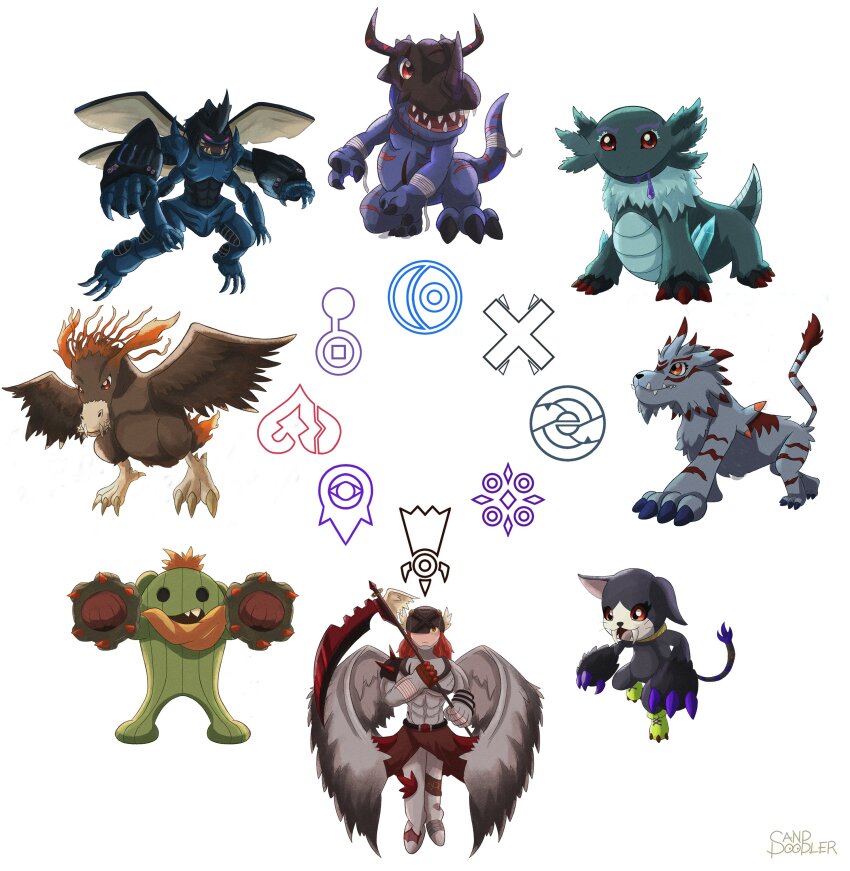 absurdres angemon birdramon corruption crests_(digimon) d_sandy digimon digimon_(creature) digimon_adventure garurumon greymon highres ikkakumon kabuterimon looking_at_viewer oridigi simple_background tailmon togemon white_background wings