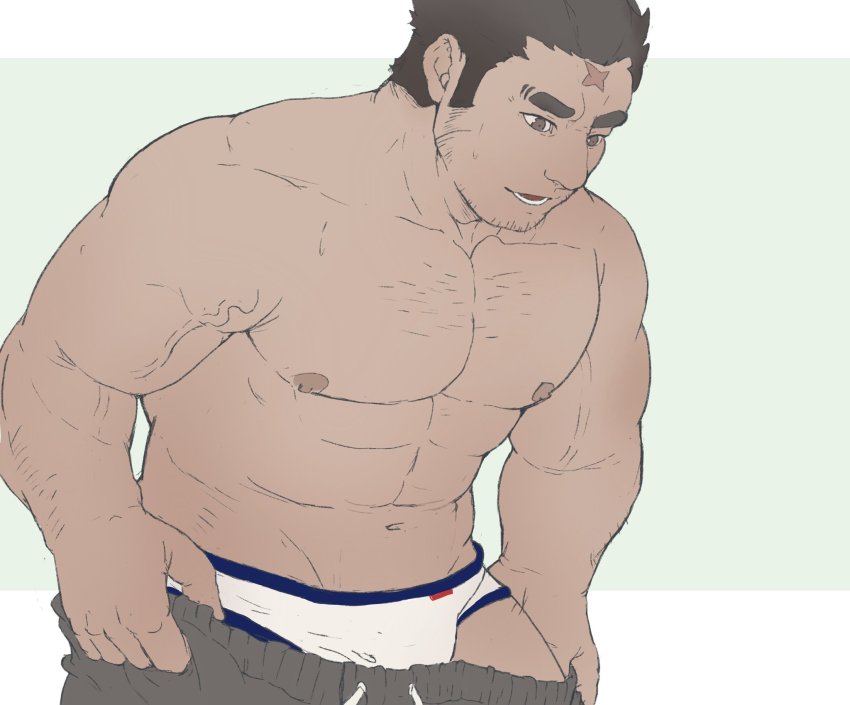 1boy abs bara briefs bulge chest_hair clothes_pull cross_scar dark-skinned_male dark_skin edging_underwear facial_hair highres houzouin_oniwaka large_pectorals leaning_forward long_sideburns male_focus male_underwear mature_male me-me_(mouact2) muscular muscular_male navel nipples pants pants_pull pectorals scar scar_on_face scar_on_forehead short_hair sideburns solo stomach stubble thick_eyebrows tokyo_houkago_summoners topless_male track_pants underwear undressing veins white_male_underwear