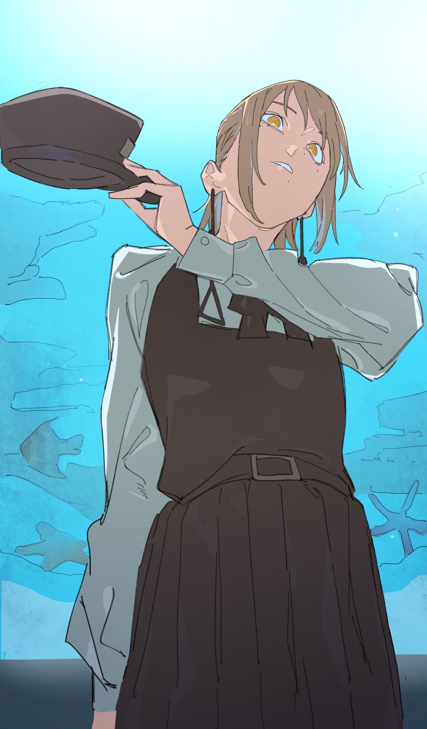 1girl absurdres aquarium chainsaw_man dress earrings fami_(chainsaw_man) fish fourth_east_high_school_uniform hat highres himuro_yukichiko holding holding_unworn_clothes holding_unworn_hat jewelry mole mole_under_mouth multiple_moles pinafore_dress ringed_eyes school_uniform sleeveless sleeveless_dress solo starfish tassel tassel_earrings translation_request unworn_hat unworn_headwear