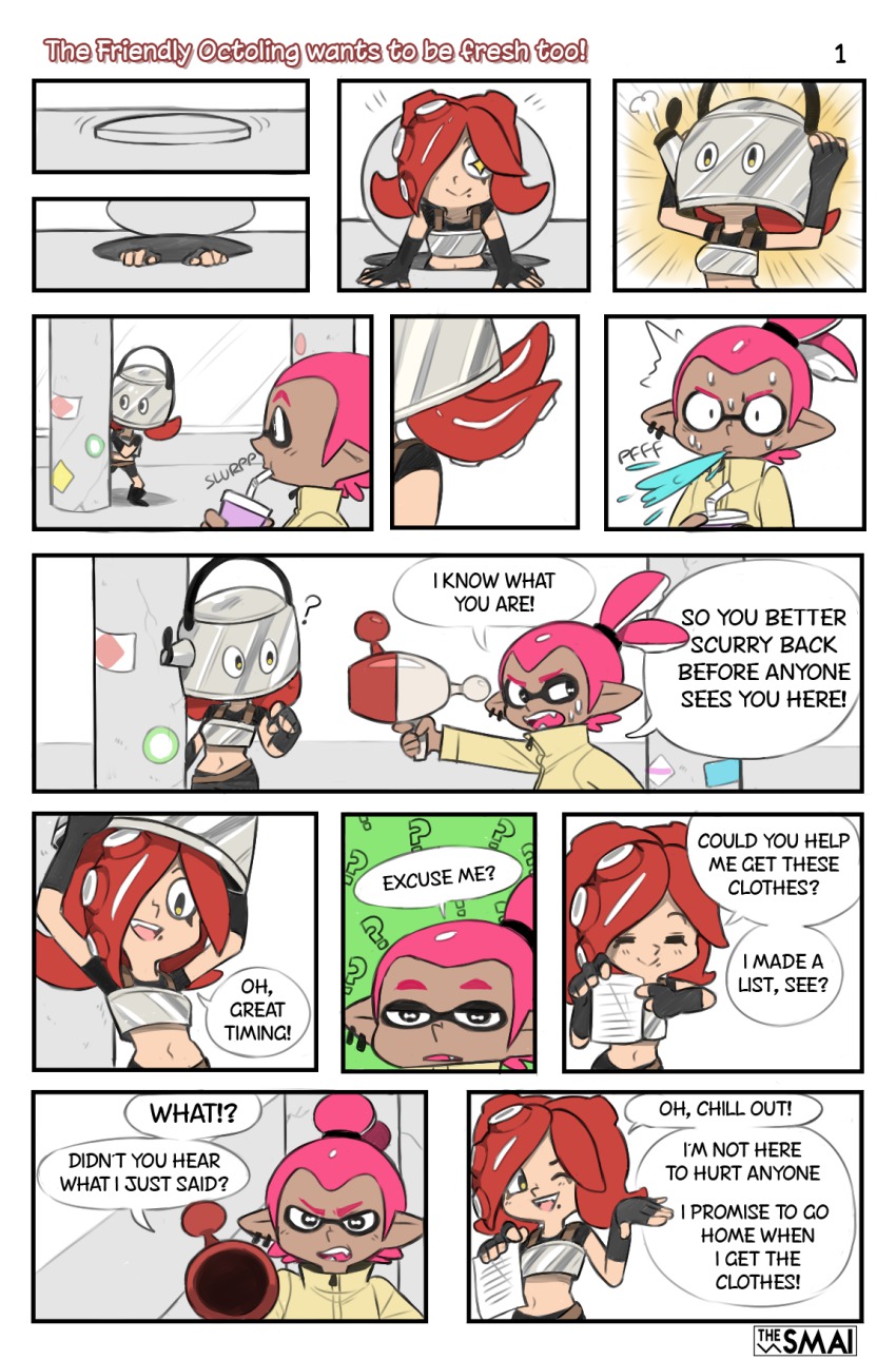 1boy 1girl ? bad_id bad_tumblr_id boots bucket_hat comic drinking earrings english_text fangs hat highres inkling inkling_boy inkling_player_character jewelry midriff mole mole_under_mouth nintendo pink_hair pointy_ears ponytail red_hair sami_(artist) sami_briggs splatoon_(series) splatoon_1 takozonesu tentacle_hair