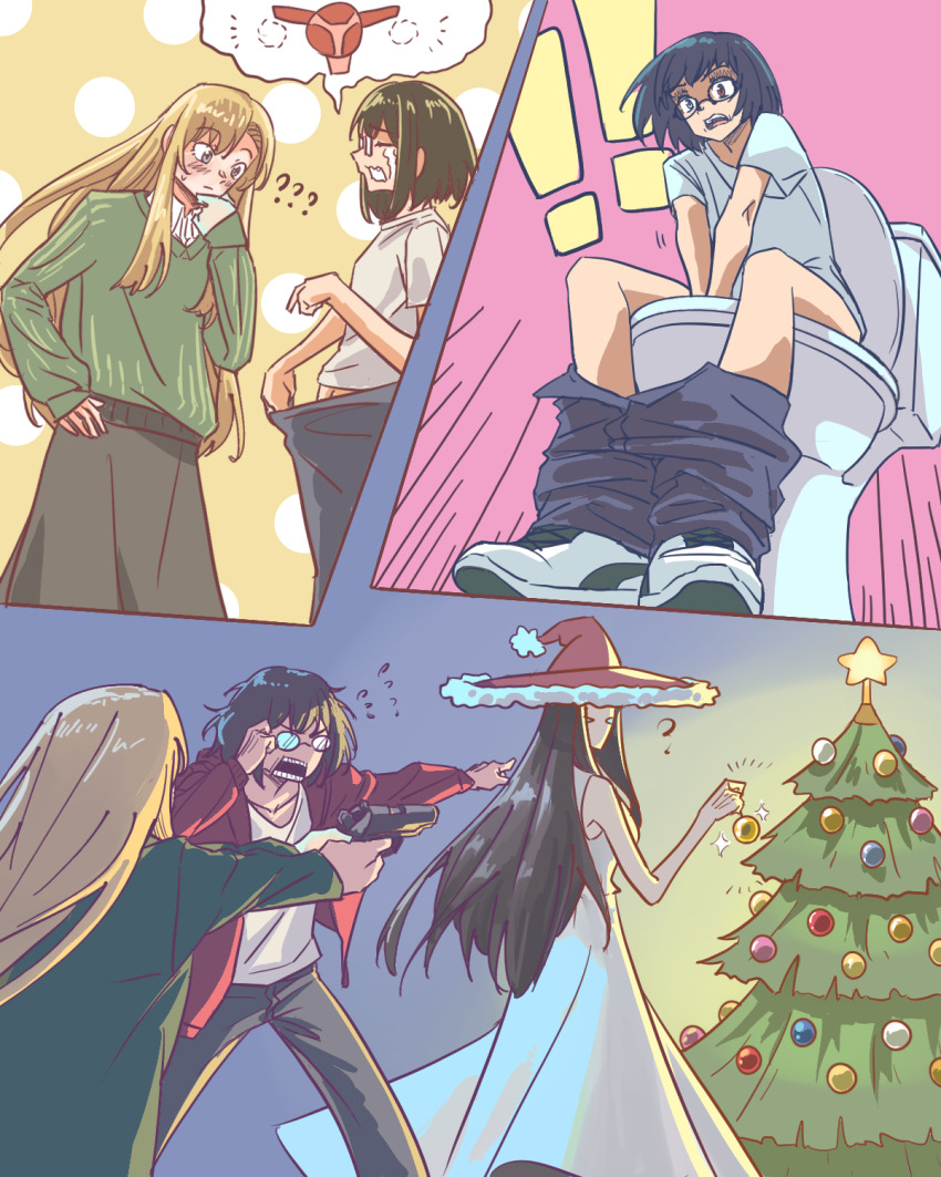 ! !! 3girls ? ?? anjuro_zeeku black_hair blonde_hair blue_eyes blush christmas_ornaments christmas_tree clothes_pull collared_shirt commentary commission crying dandadan dress english_commentary flying_sweatdrops green_sweater gun handgun highres holding holding_gun holding_weapon hood hood_down hoodie kamikoshi_sorawo long_hair long_skirt medium_hair multiple_girls nishina_toriko ovaries pants pants_pull red_hoodie scene_reference semi-rimless_eyewear shaded_face shirt simple_background sitting skirt sleeveless sleeveless_dress streaming_tears sweatdrop sweater tears toilet toilet_use urasekai_picnic uruma_satsuki very_long_hair weapon white_dress white_shirt