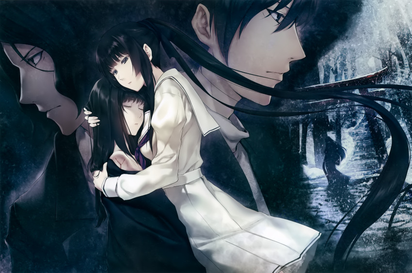 absurdres amputee black_eyes black_hair blue_eyes closed_eyes facial_hair formal_clothes from_side grey_eyes hair_ribbon head_grab highres innocent_grey kara_no_shoujo kara_no_shoujo_2 kayahara_yukiko kuchiki_touko long_hair looking_to_the_side masaki_tomoyuki multiple_boys multiple_girls neckerchief official_art ponytail profile ribbon scan school_uniform short_hair silhouette snow snowing spoilers stubble sugina_miki suit tokisaka_reiji torii tree very_long_hair